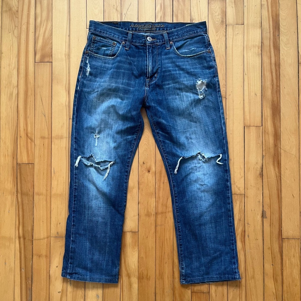American Eagle Mens Original Straight Distressed Ripped Jeans Blue 32x30 Cotton